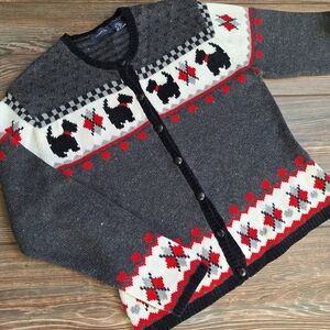 Vintage Scottish Terrier Dog & Hearts Cardigan Sweater Argyle Valentine